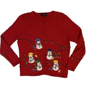 Vintage Christmas Sweater Cinnamon Cinder Red Button Cardigan Size S Snowman